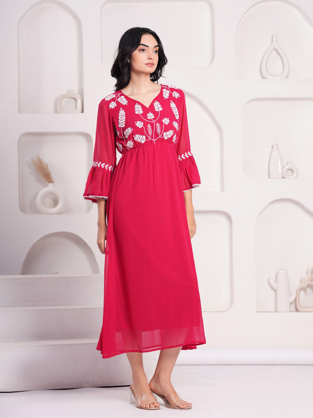 BAESD Womne Floral Embroidered Fit & Flare Midi Dress