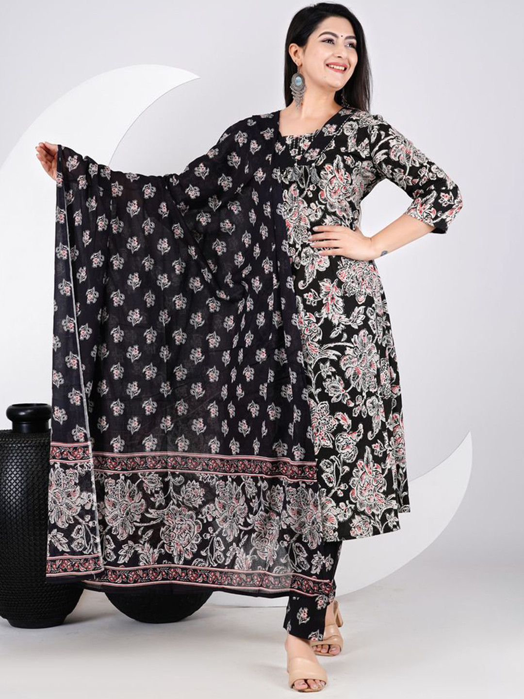 k d fab Floral Printed V-Neck Pure Cotton A-Line Kurta With Trousers & Dupatta