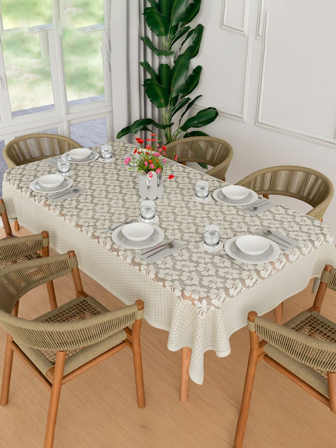 Myntra Elegant Homes Cream Floral Self Design 6-Seater Cotton Dinner Table Cover