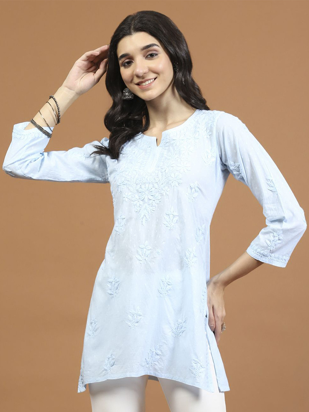 Meena Bazaar Floral Embroidered Chikankari Short Kurti
