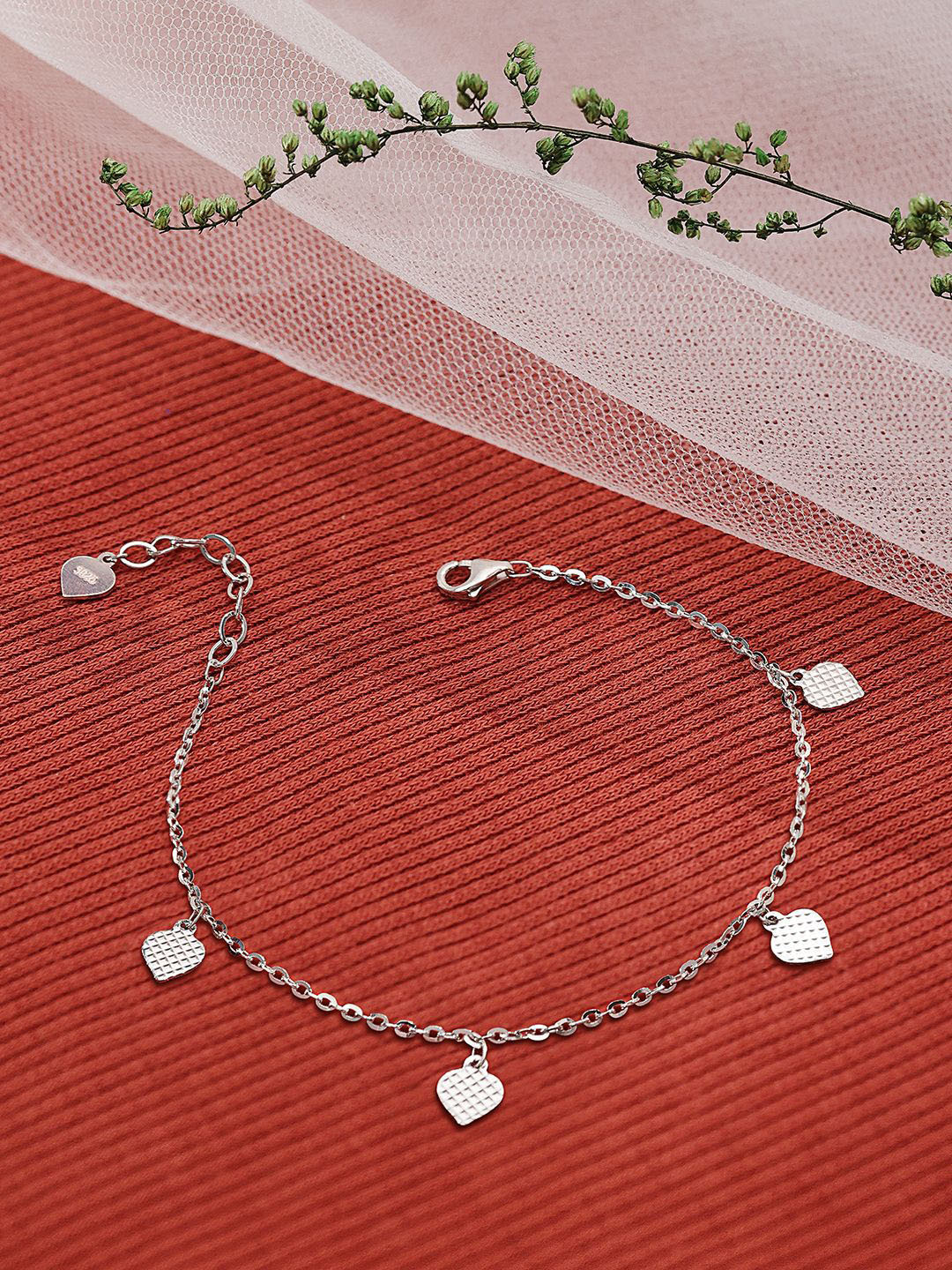 Tweov Jewels 925 Sterling Silver Rhodium-Plated Heart Charm Link Chain Bracelet