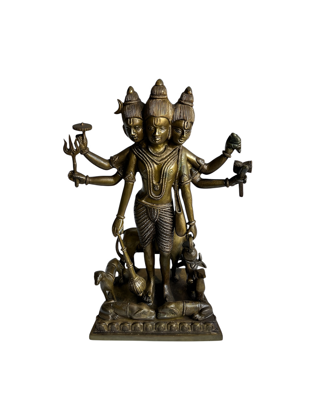 Taurrus Lord Dattatreya Brown Metal Metallic Prayer Room Small Showpiece - 11.8 Inches