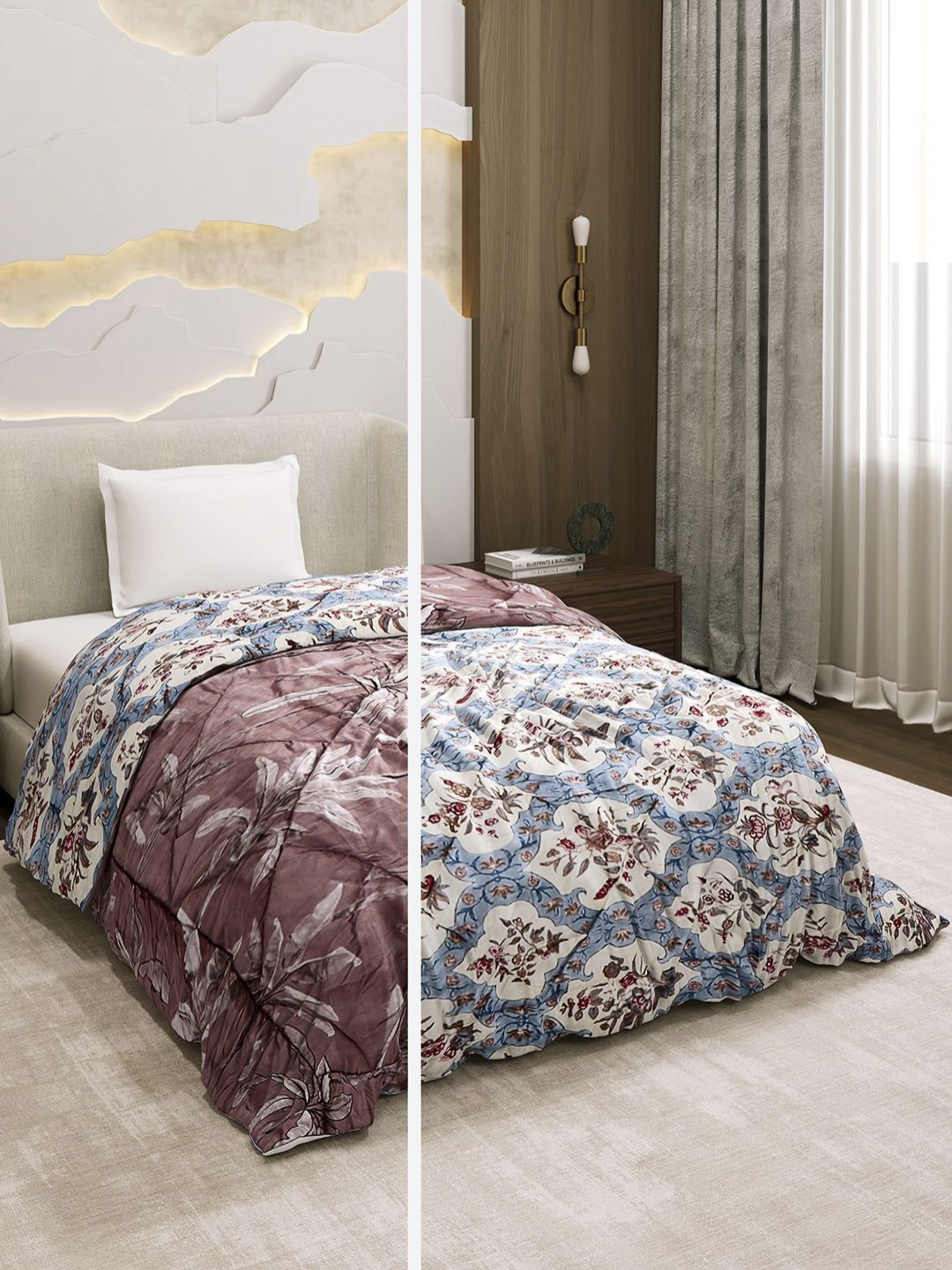 Monte Carlo Mauve & Blue Floral Printed Reversible AC Room 120 GSM Single Bed Comforter