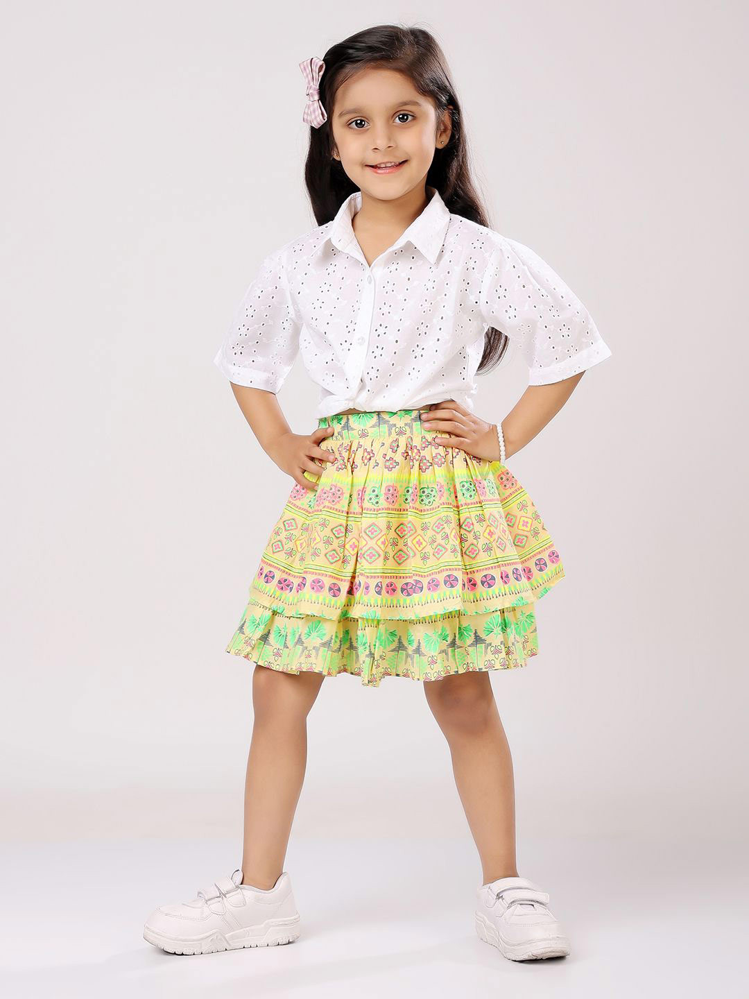 Piccolo Piglet Girls Self Design Pure Cotton Shirt With Skirt
