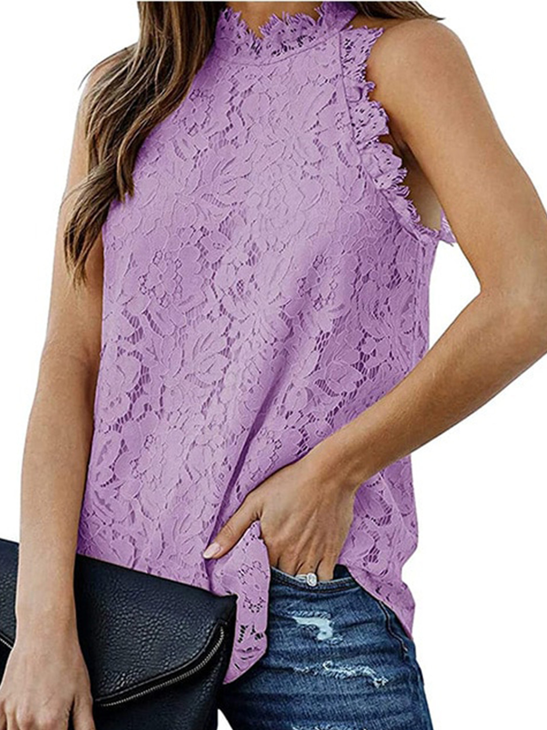 StyleCast Purple High Neck Sleeveless Floral Lace Top