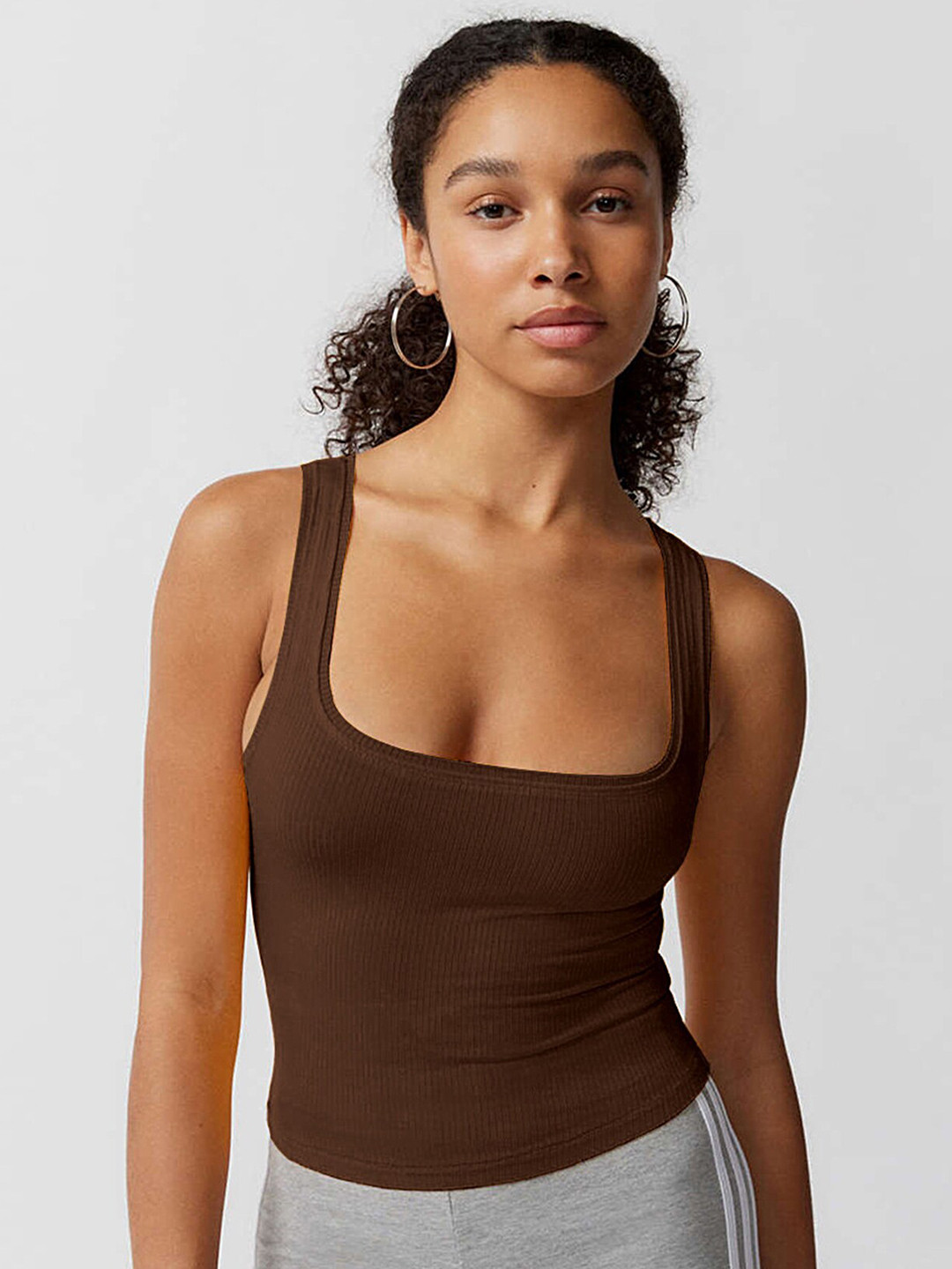 LULU & SKY Coffee Brown Square Neck Fitted Top