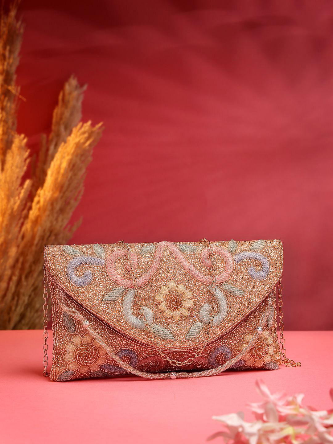 Anekaant Adorn Coral & Multi Floral Embellished Faux Silk Clutch