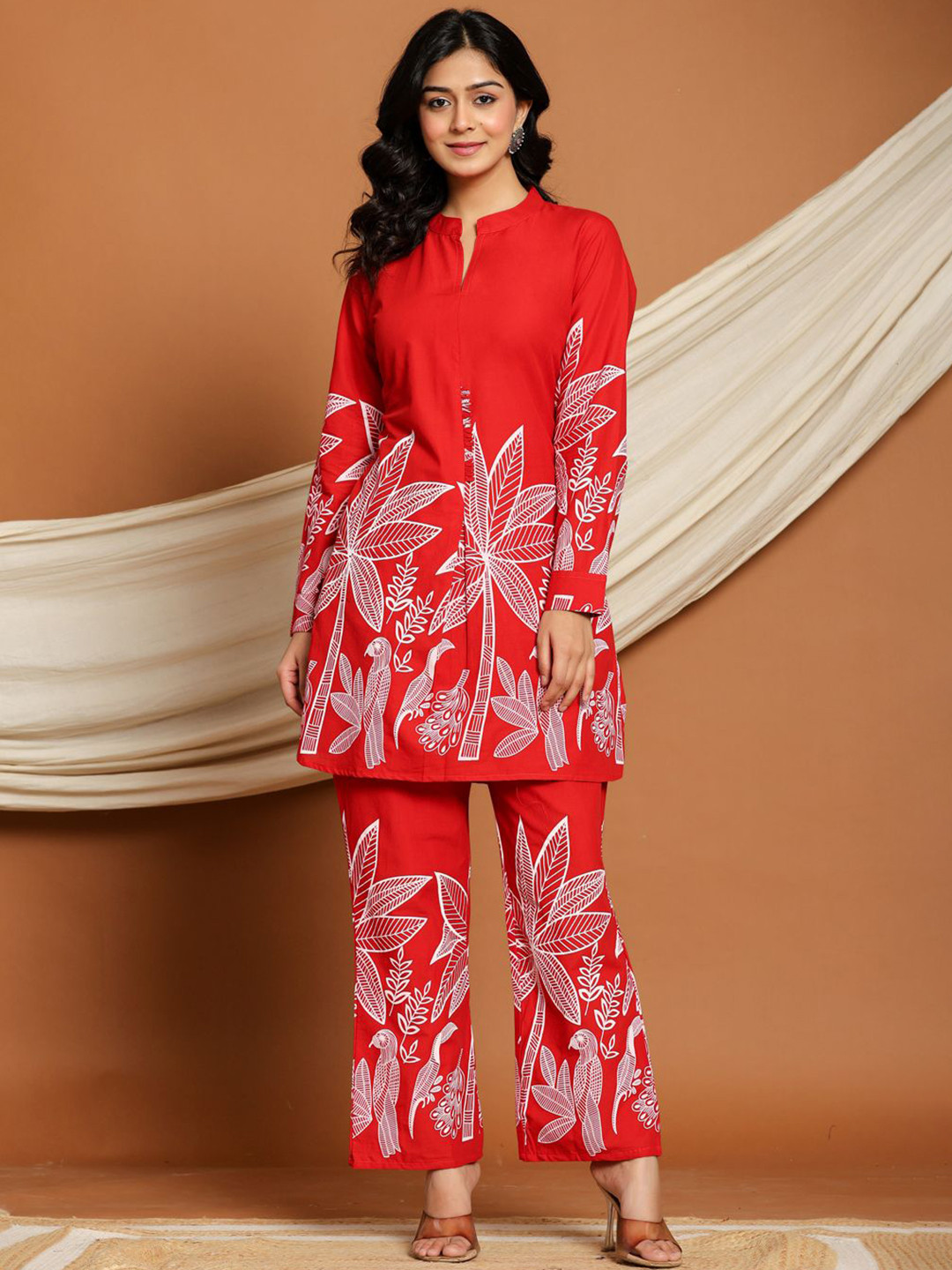 CUSTARD Red Cotton Floral Printed Tunic With Trousers  Co-ord Set for Women