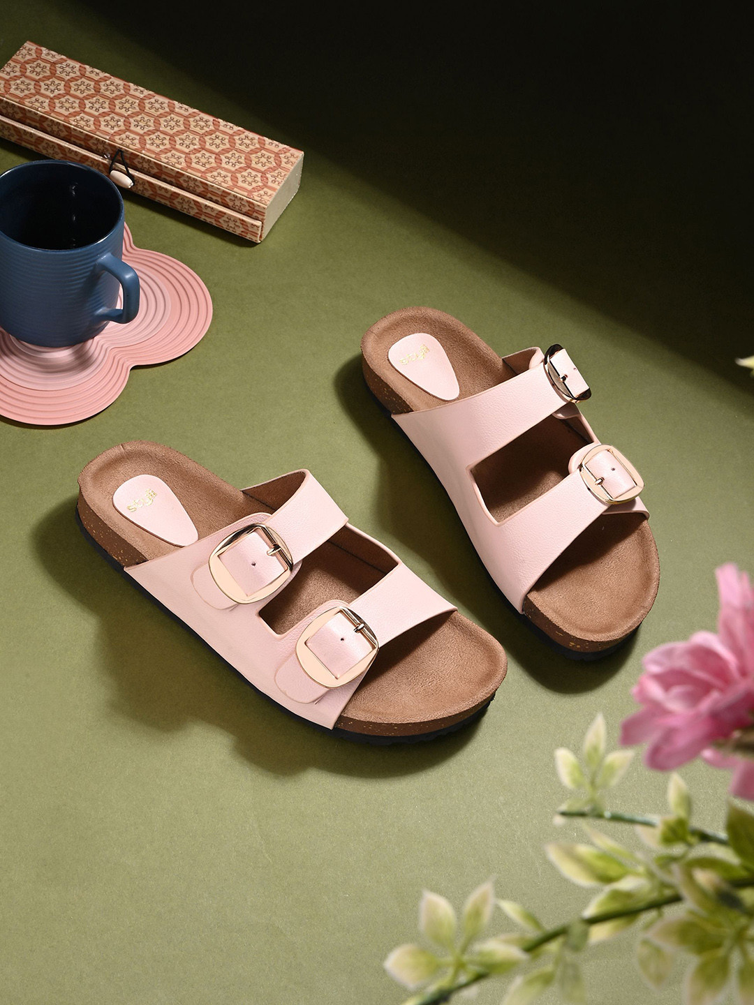 Styli Women Casual Double Buckle Cushioned Open-Toe Flats