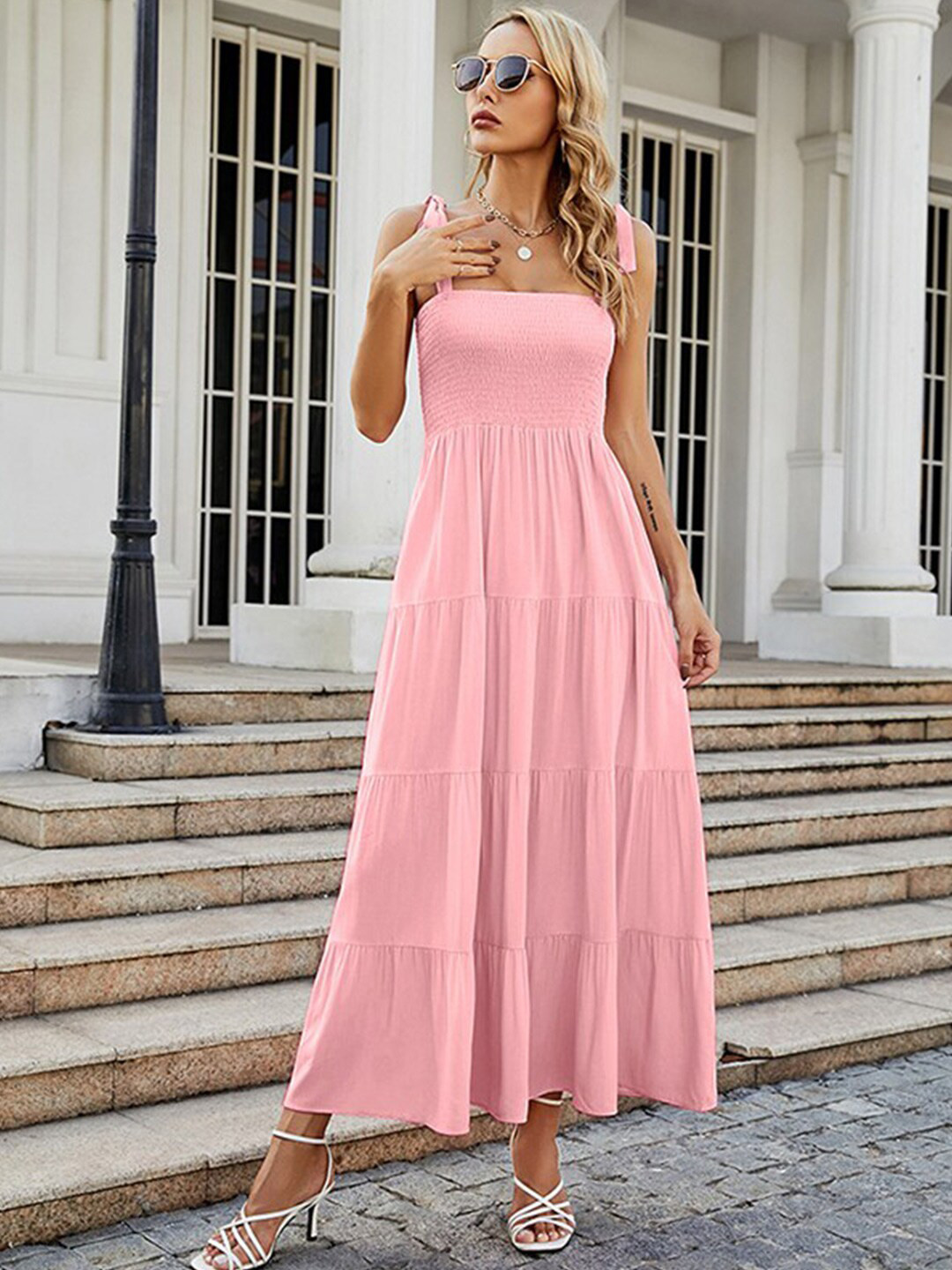 StyleCast x Revolte Pink Shoulder Strap Smocked Fit & Flare Maxi Dress