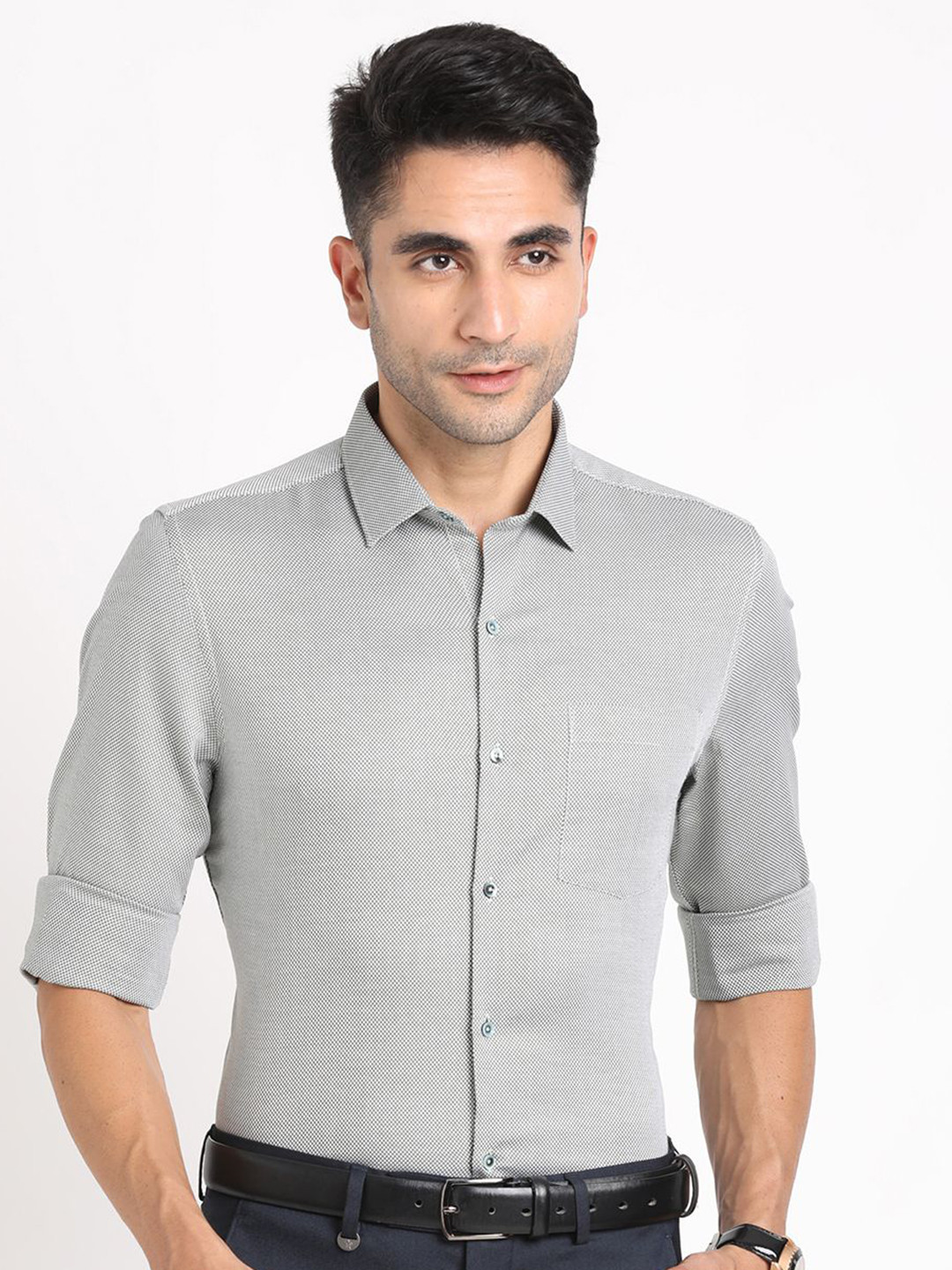 Turtle Textured Spread Collar Standard Slim Fit Pure Cotton Formal Shirt