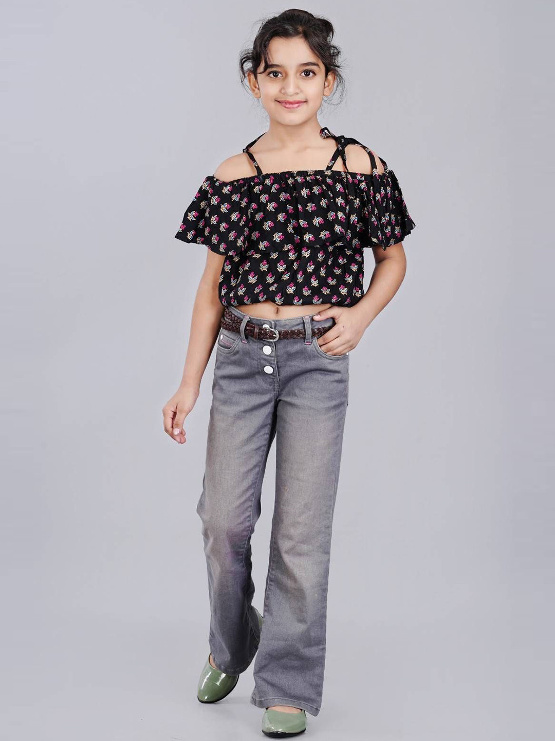 DMP FASHION Girls Floral Printed Shoulder Straps Cotton Bardot Crop Top