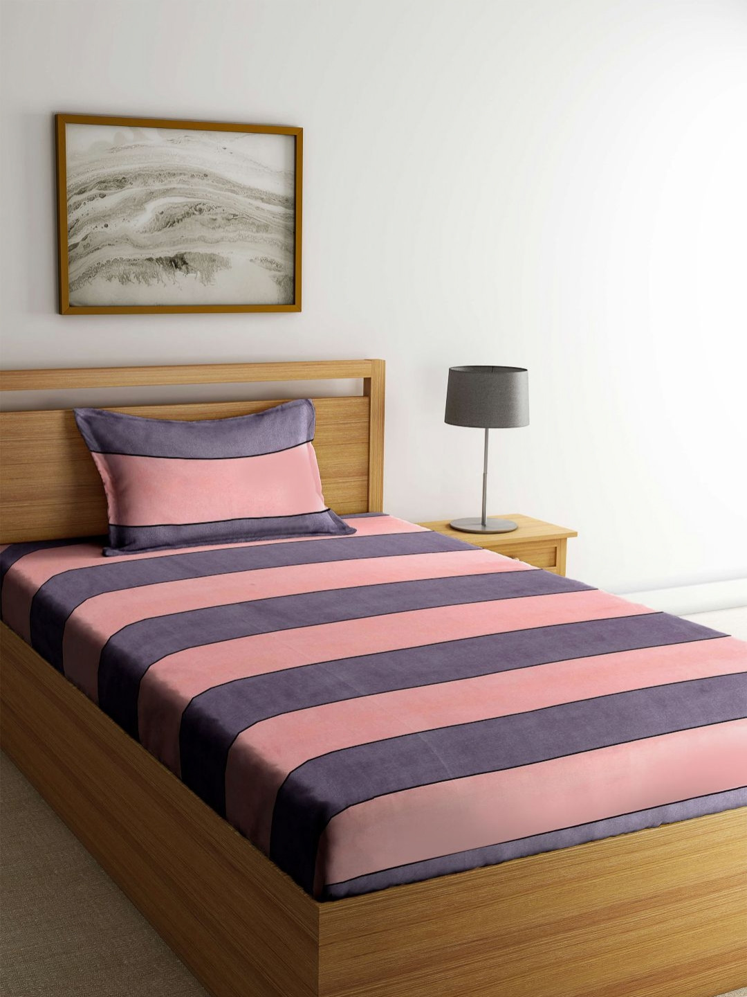 Myntra Elegant Homes Peach-Coloured & Grey Striped 300 TC Single Bedsheet Set-2.2 mX1.5 m