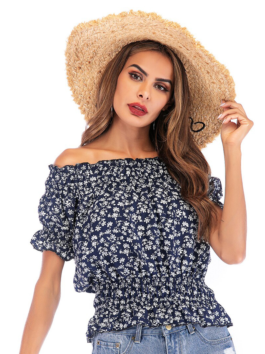 StyleCast Navy Blue Floral Print Off-Shoulder Bell Sleeve Bardot Top