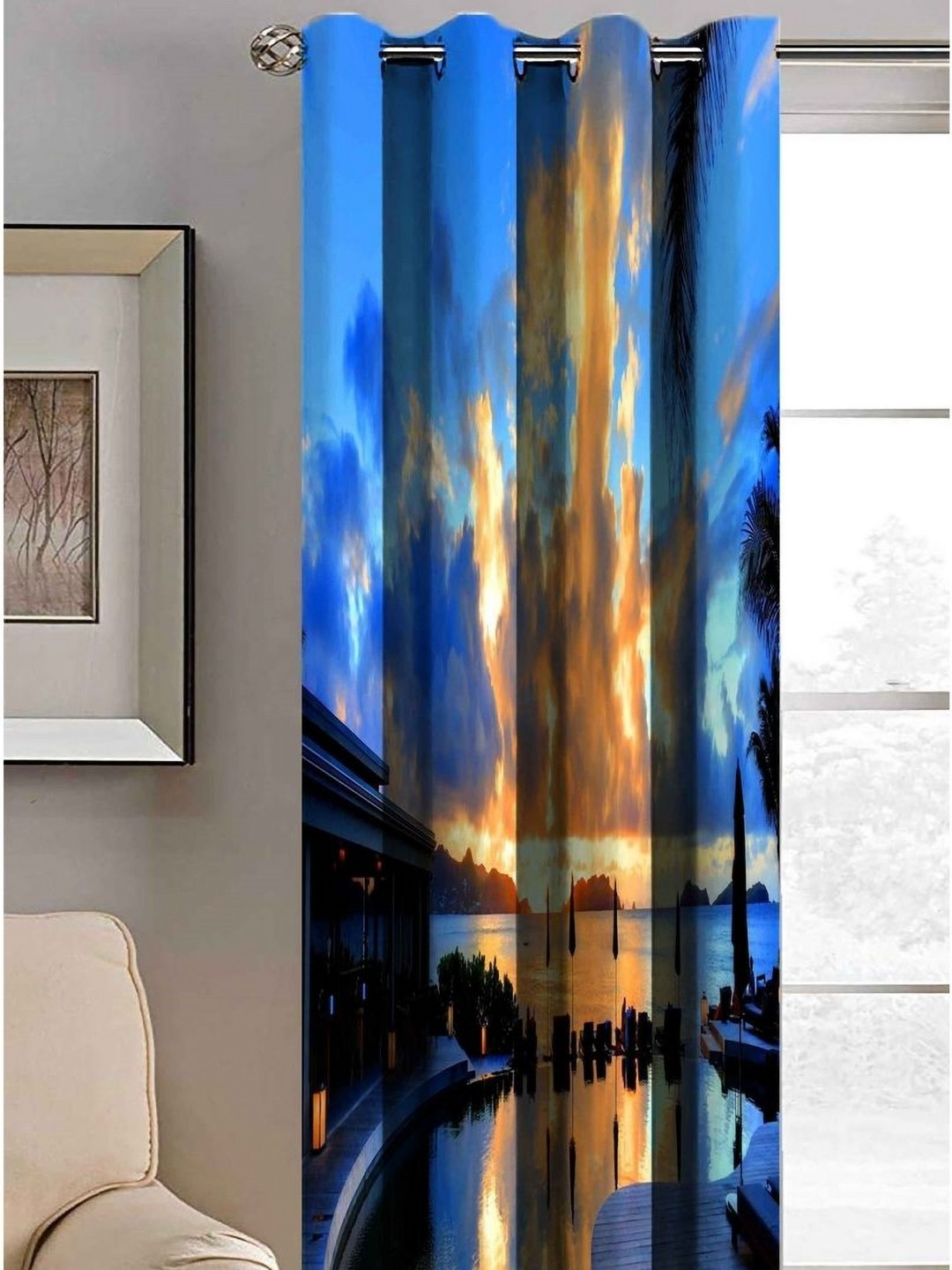 Aura Blue & Black Pool Side Printed Light Blocking Door Curtain