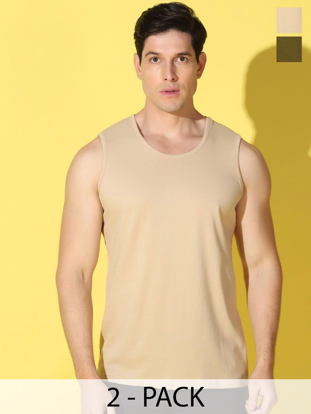 WOOSTRO Pack Of 2 Printed Combed Cotton Gym Vests VWS26(PLAIN RUST)(98 OLIVE)