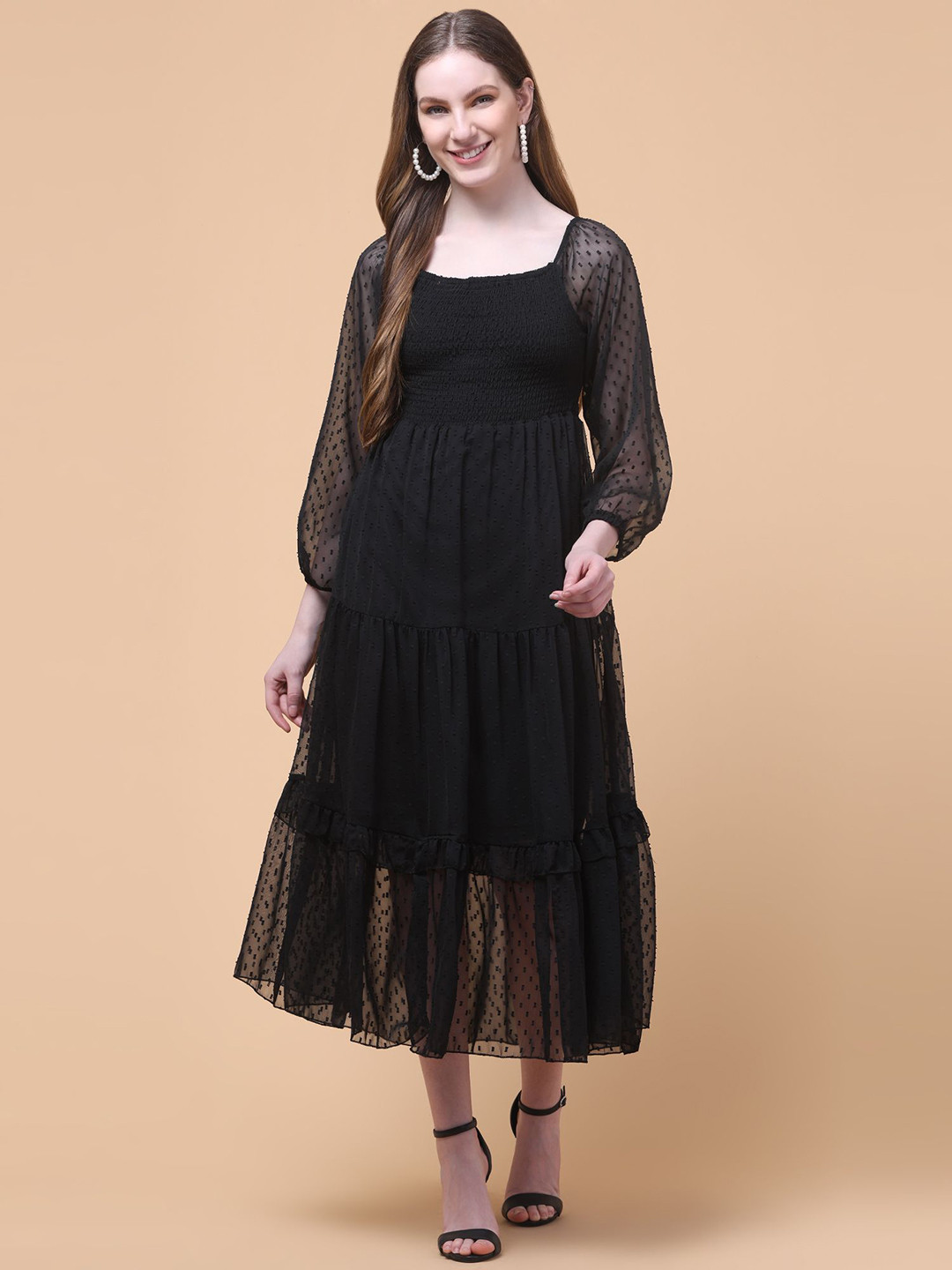 Charitra Women Black Self Design Puff Sleeve Georgette Fit & Flare Tiered Midi Dress