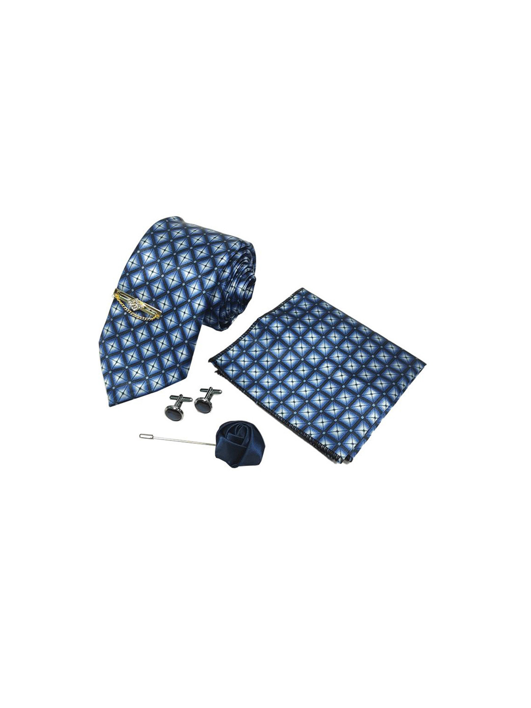 RARE COMBEE GROUP Men Printed Neck Tie Pocket Square & Rose Pin Accessory Gift Set