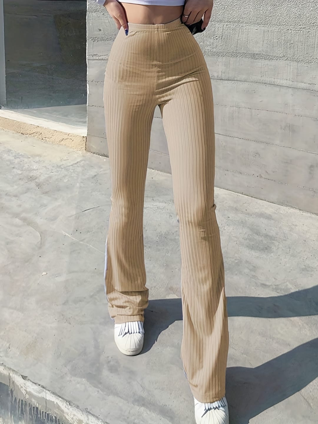 StyleCast Women Khaki Flared Ribbed Bootcut Trousers