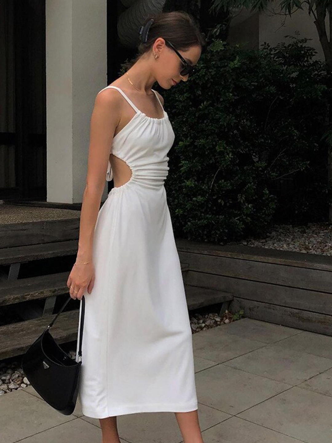 StyleCast White Shoulder Straps Cut-Outs Detailed A-Line Midi Dress