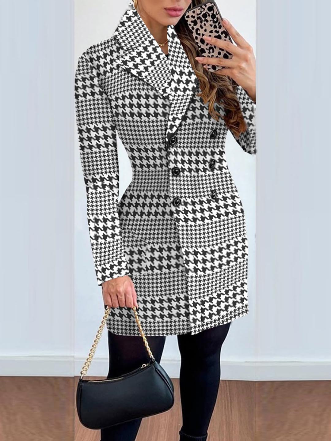 StyleCast Black Checked Notched Lapel Collar Pea Coat