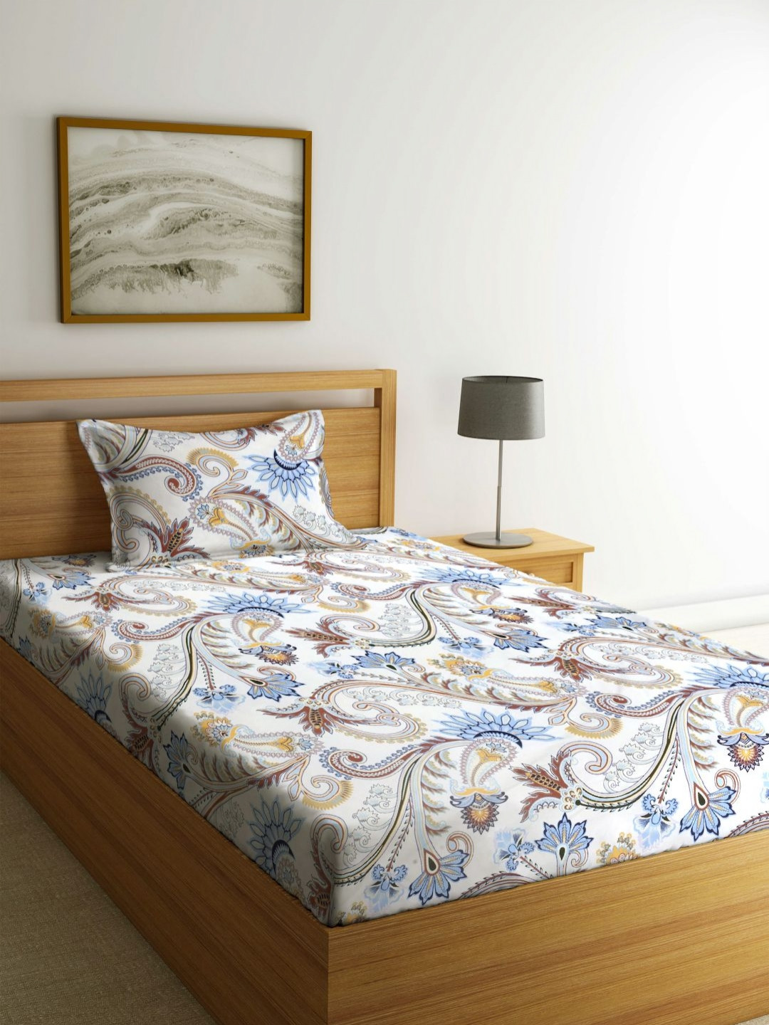 Myntra Elegant Homes White & Brown Floral Printed 300 TC Single Bedsheet Set-2.25 mX1.5 m