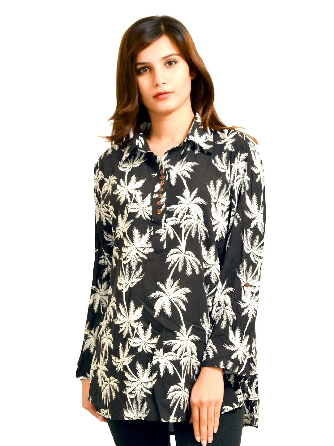 WOOL 4U Women Tropical Print Roll-Up Sleeves Cotton Top