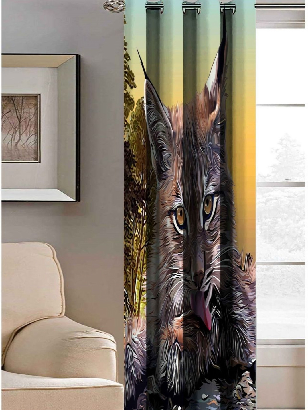 Aura Green & White Cat Face Printed Light Blocking Window Curtain