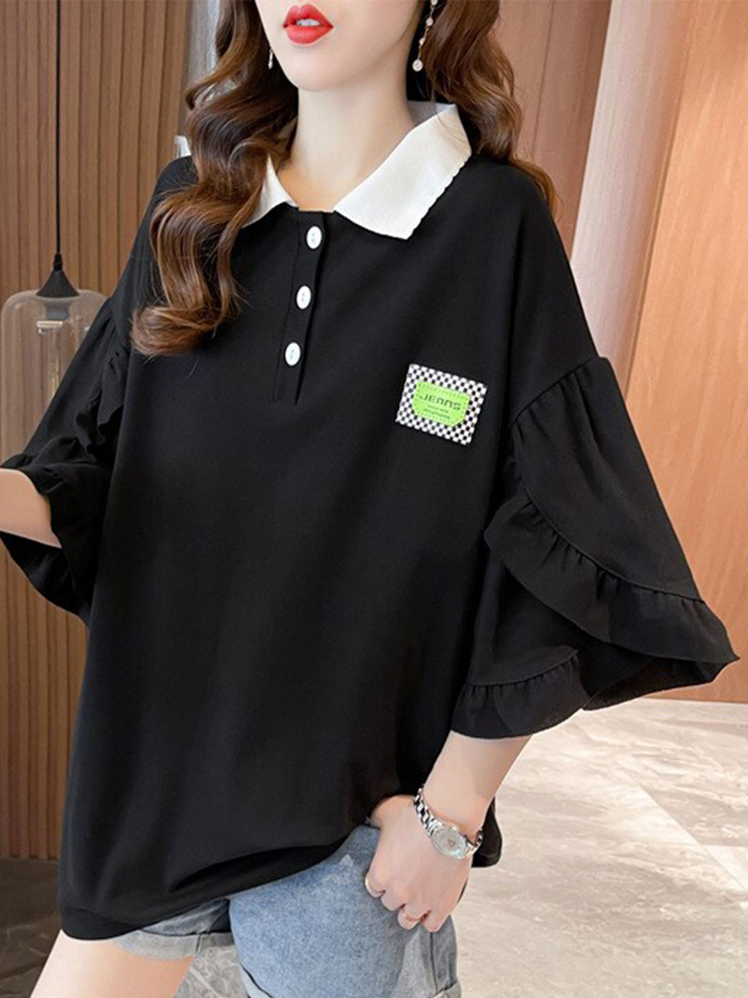 StyleCast Black Tulip Sleeve Pure Cotton Shirt Style Top