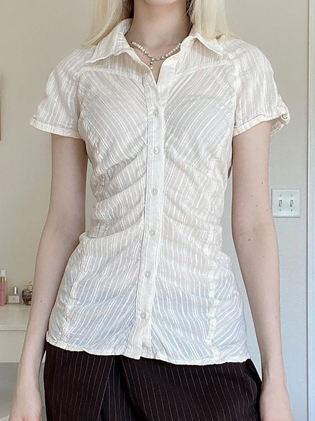 StyleCast x Revolte Women Vertical Striped Shirt Collar Cotton Top