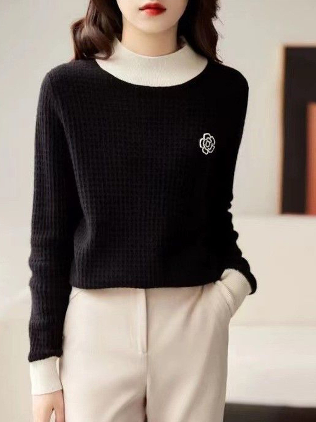 StyleCast Women Turtle Neck Vest with Embroidered Detail Sweater