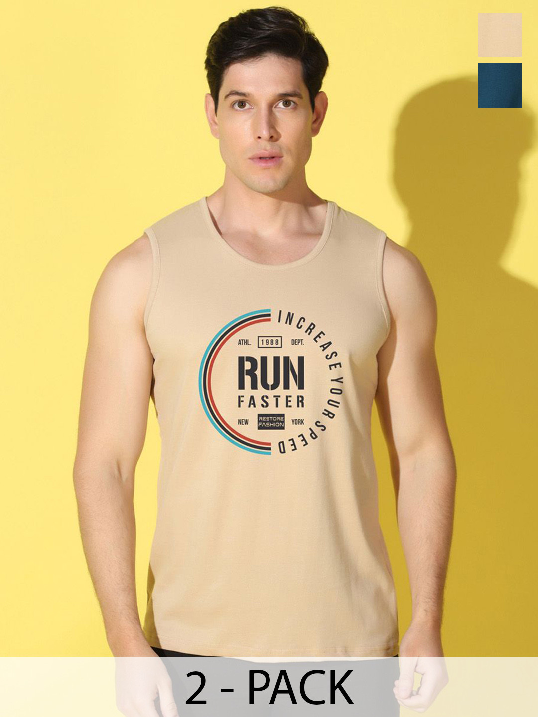 WOOSTRO Pack Of 2 Printed Combed Cotton Gym Vests VWS26(RUN RUST)(98 PEACOCK)