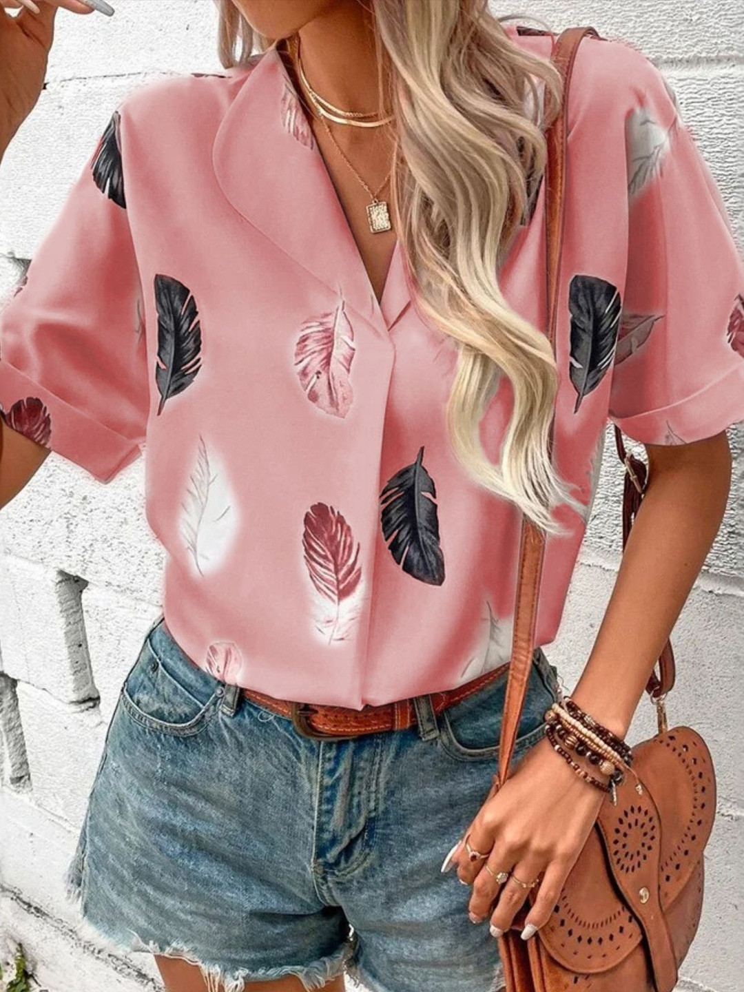 StyleCast Pink Tropical Print Shirt Collar Top
