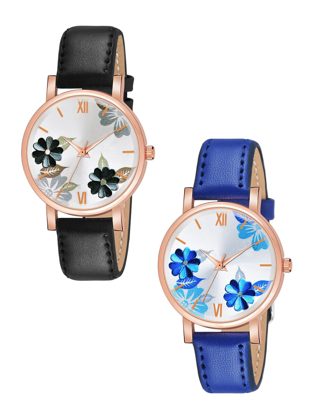 JUST LIKE Girls Pack Of 2 Dial & Straps Analogue Watch 81-flowers Black & Blue combo 2