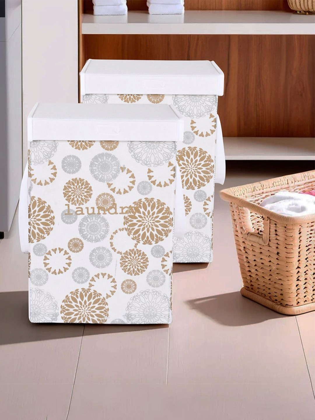 Myntra Elegant Homes 2Pc White & Beige Printed Durable Laundry Bag