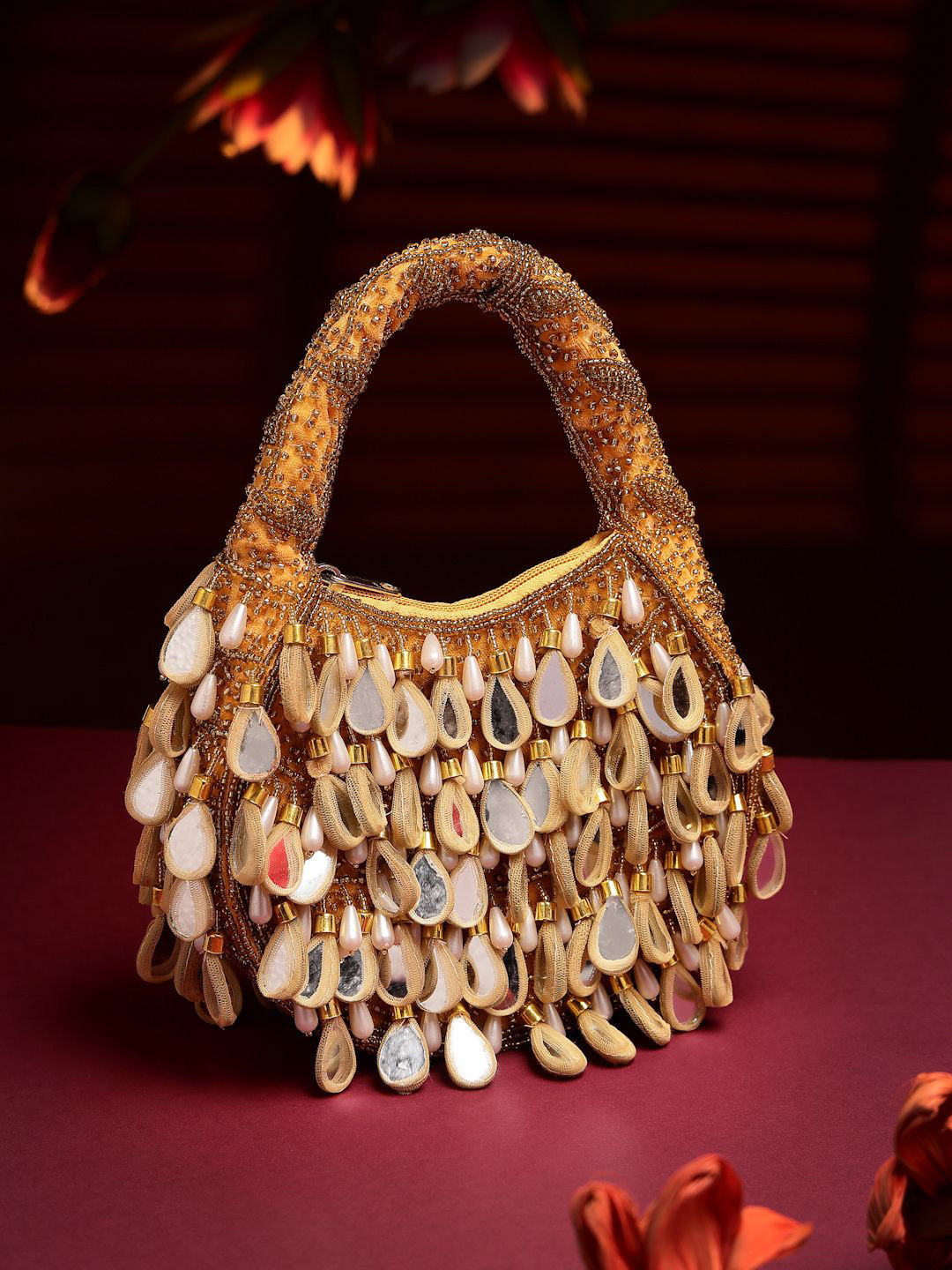 Anekaant Tipify Camel, Gold & Pearl Mirror Work Embellished Velvet Purse