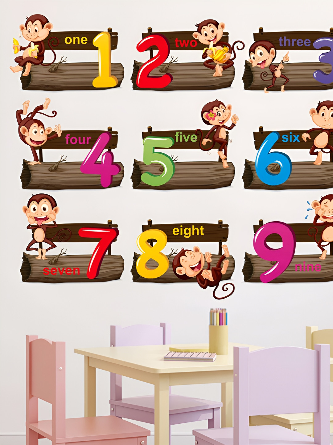 LANSTICK Yellow & Red Monkey With Numbers Printed Self-Adhesive WallStickers