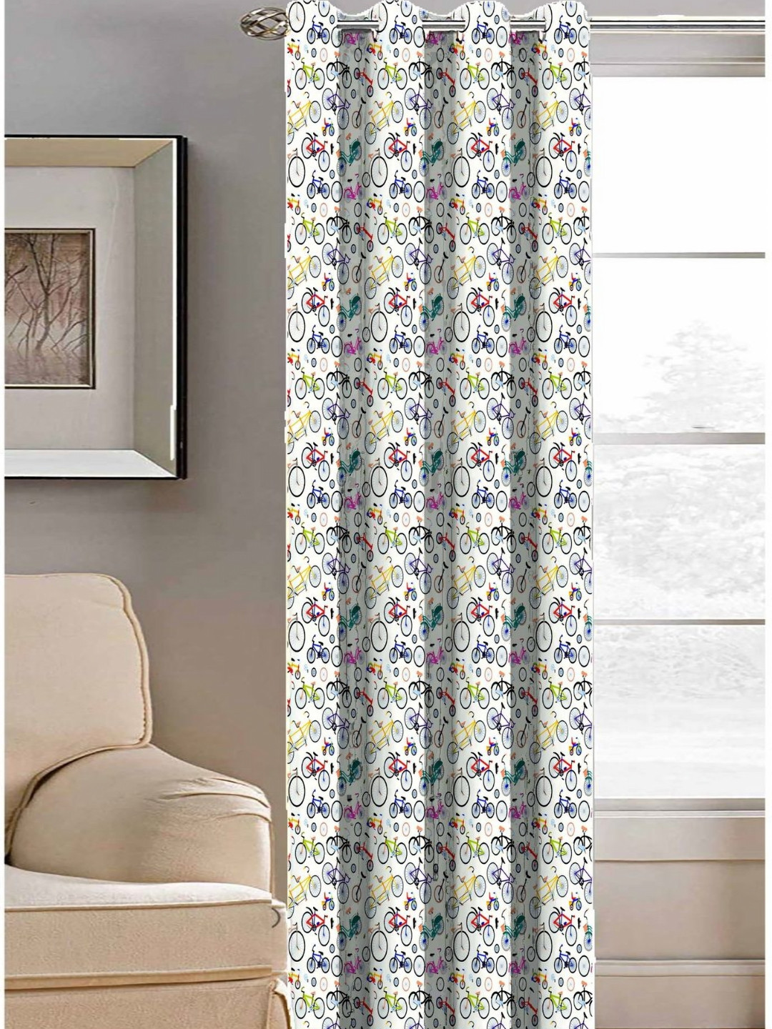 Aura Beige & Red Mini Cycle Printed Light Blocking Long Door Curtain