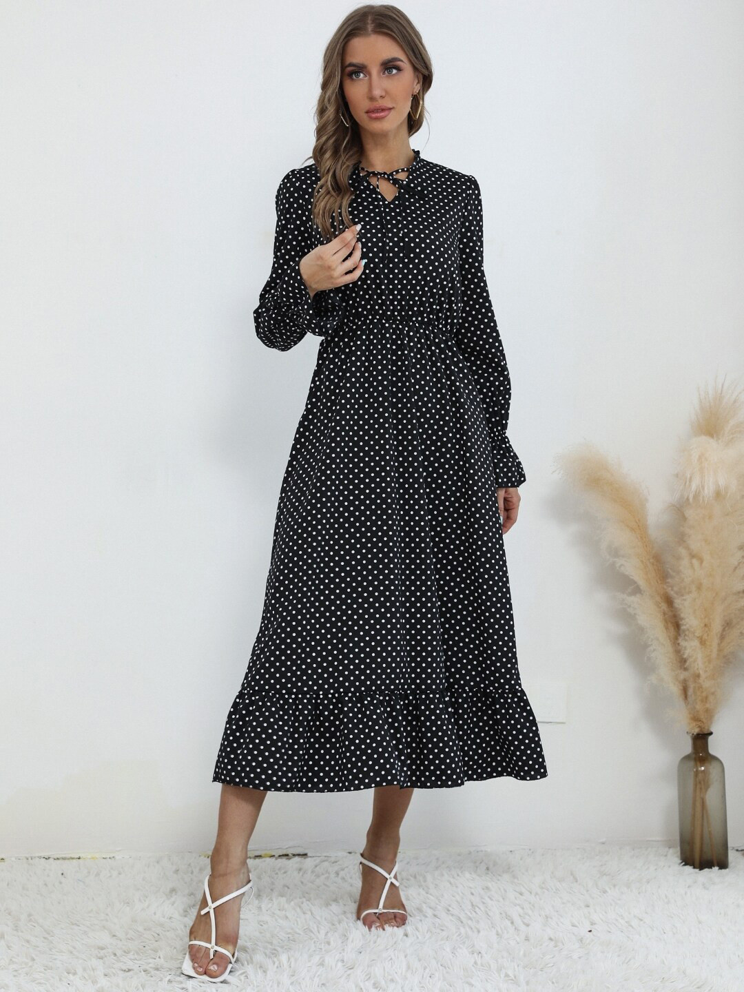 StyleCast Black Polka Dot Printed Tie-Up Neck Gathered Detailed Fit & Flare Midi Dress
