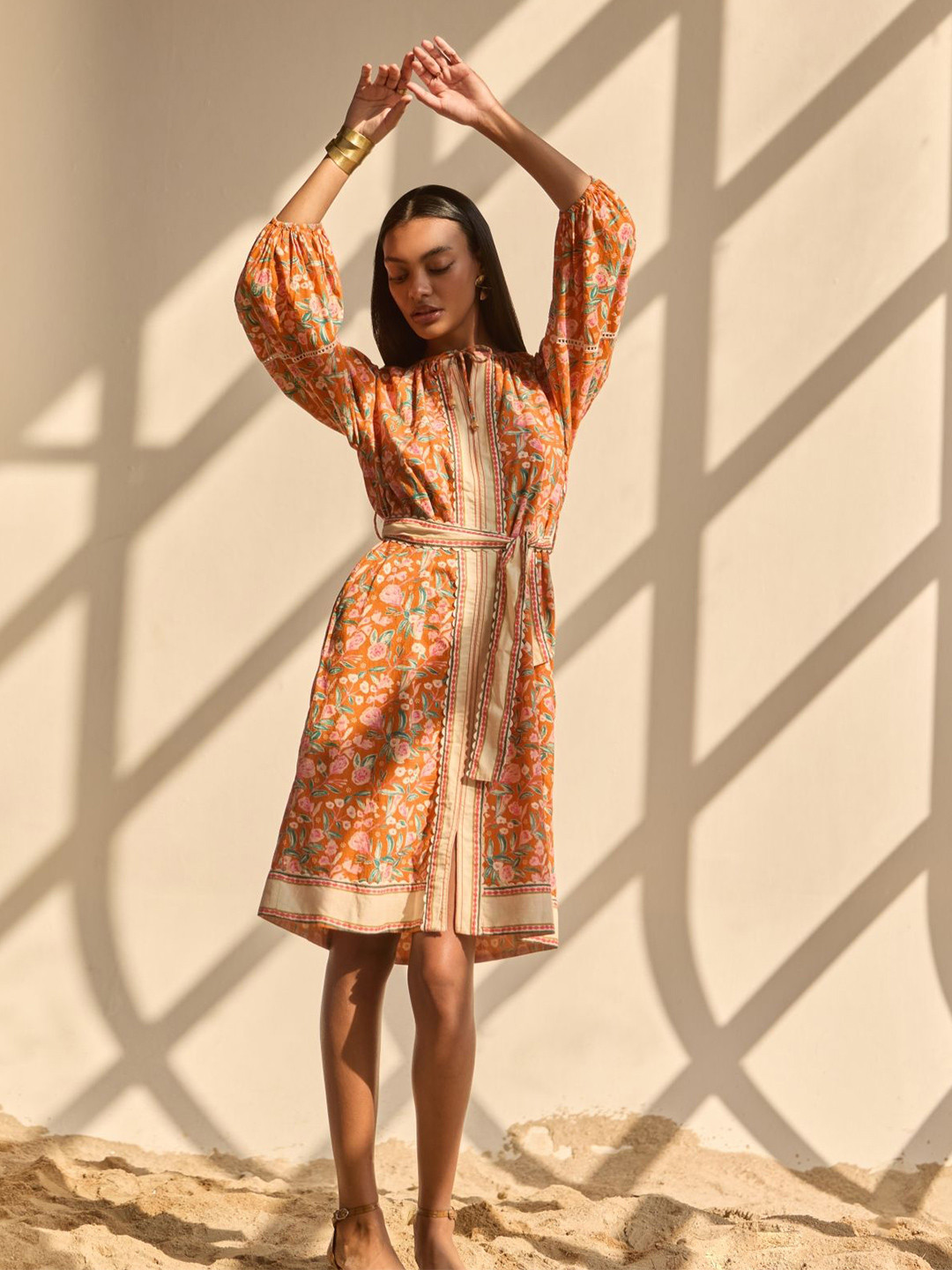 Style Island Floral Printed Puff Sleeve Formal Shirt Midi Dress