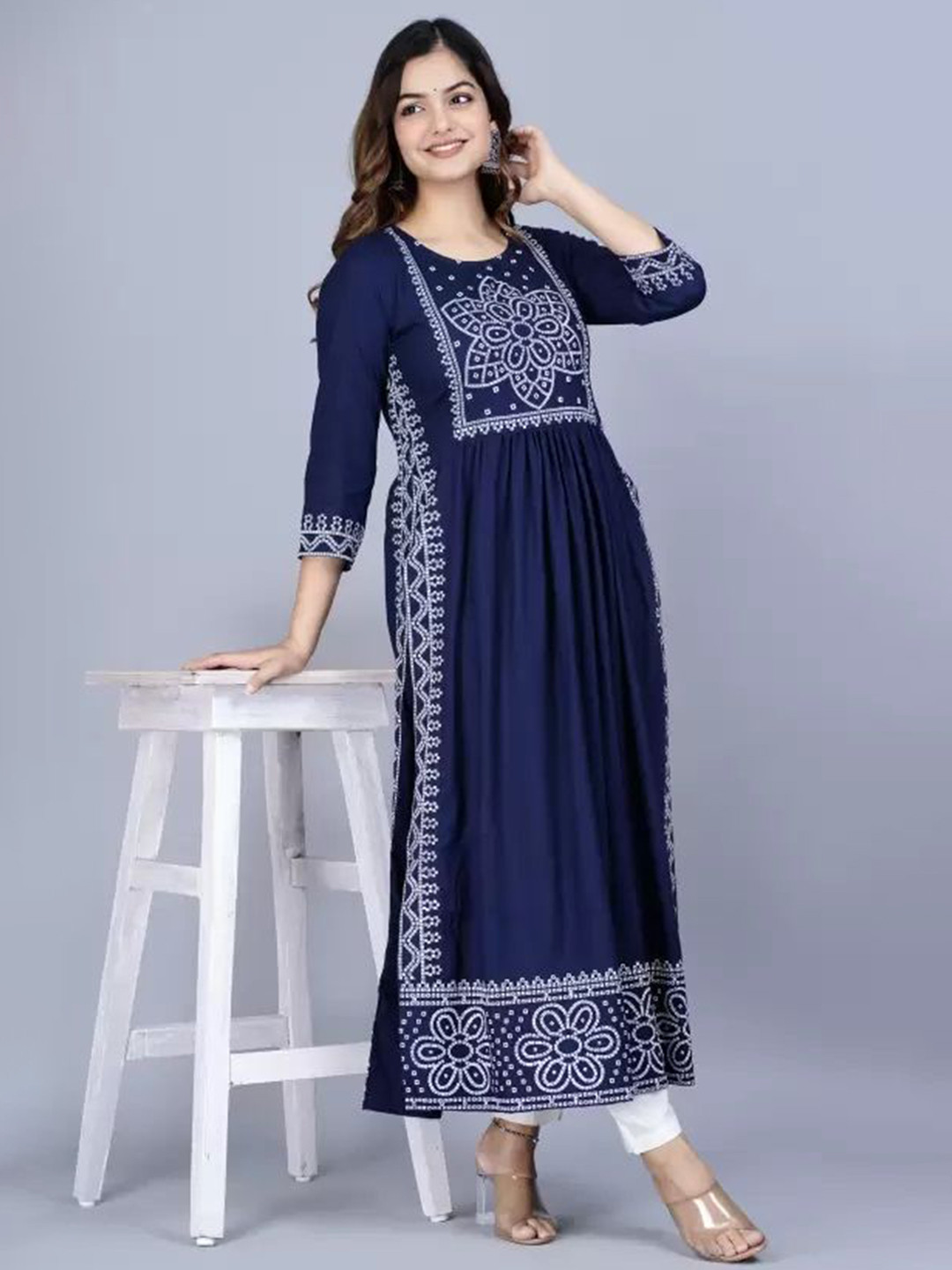 Moda Rapido Bandhani Printed Round Neck Nayra Cut Anarkali Kurta
