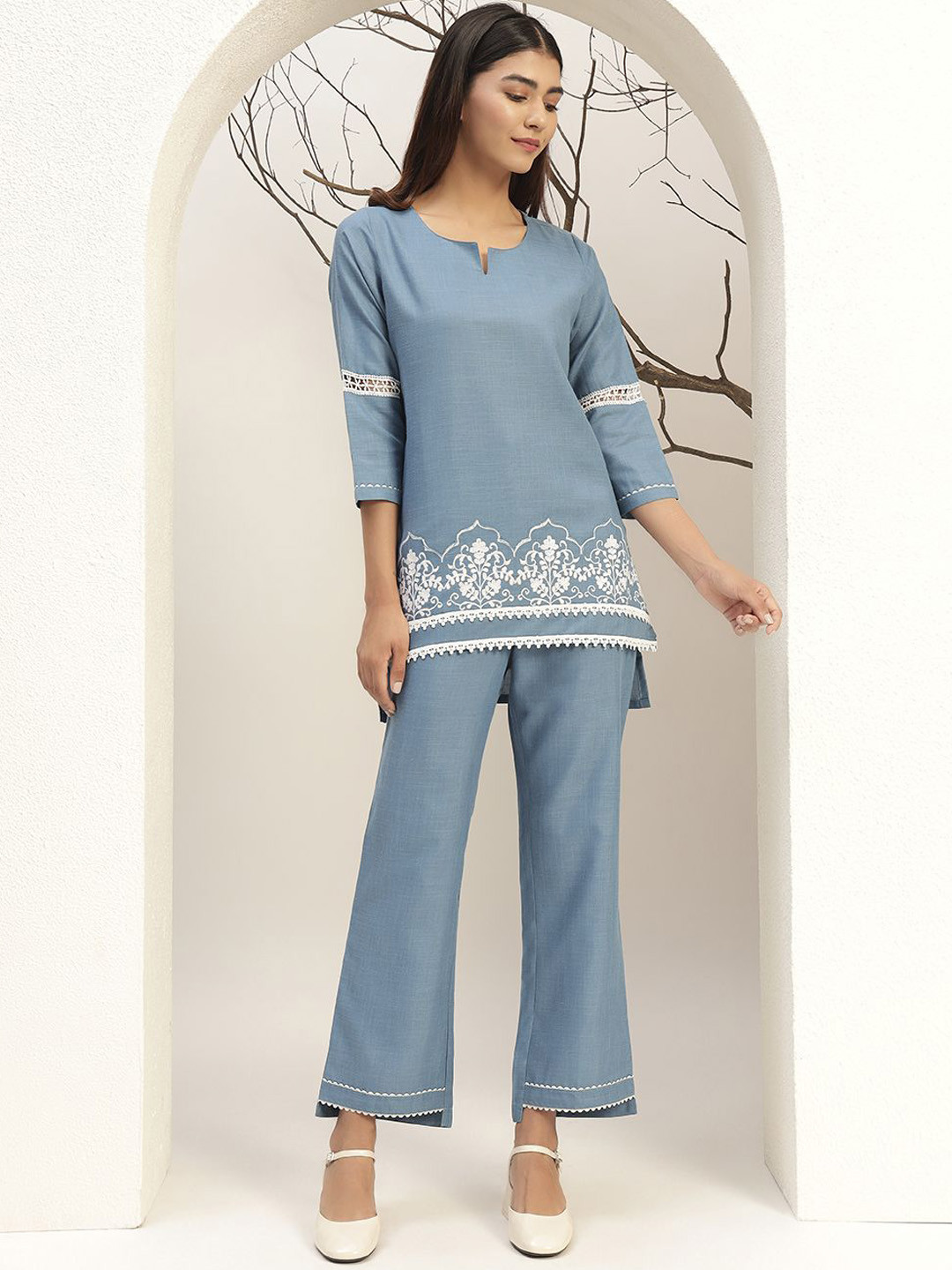 Bani Women Blue Color with Embroidery Round Neck Casual Tunic With Trouser Co-Ords Set