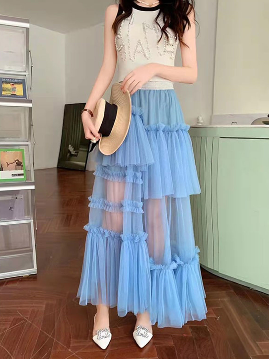 StyleCast Blue Frills Maxi Flared Skirt