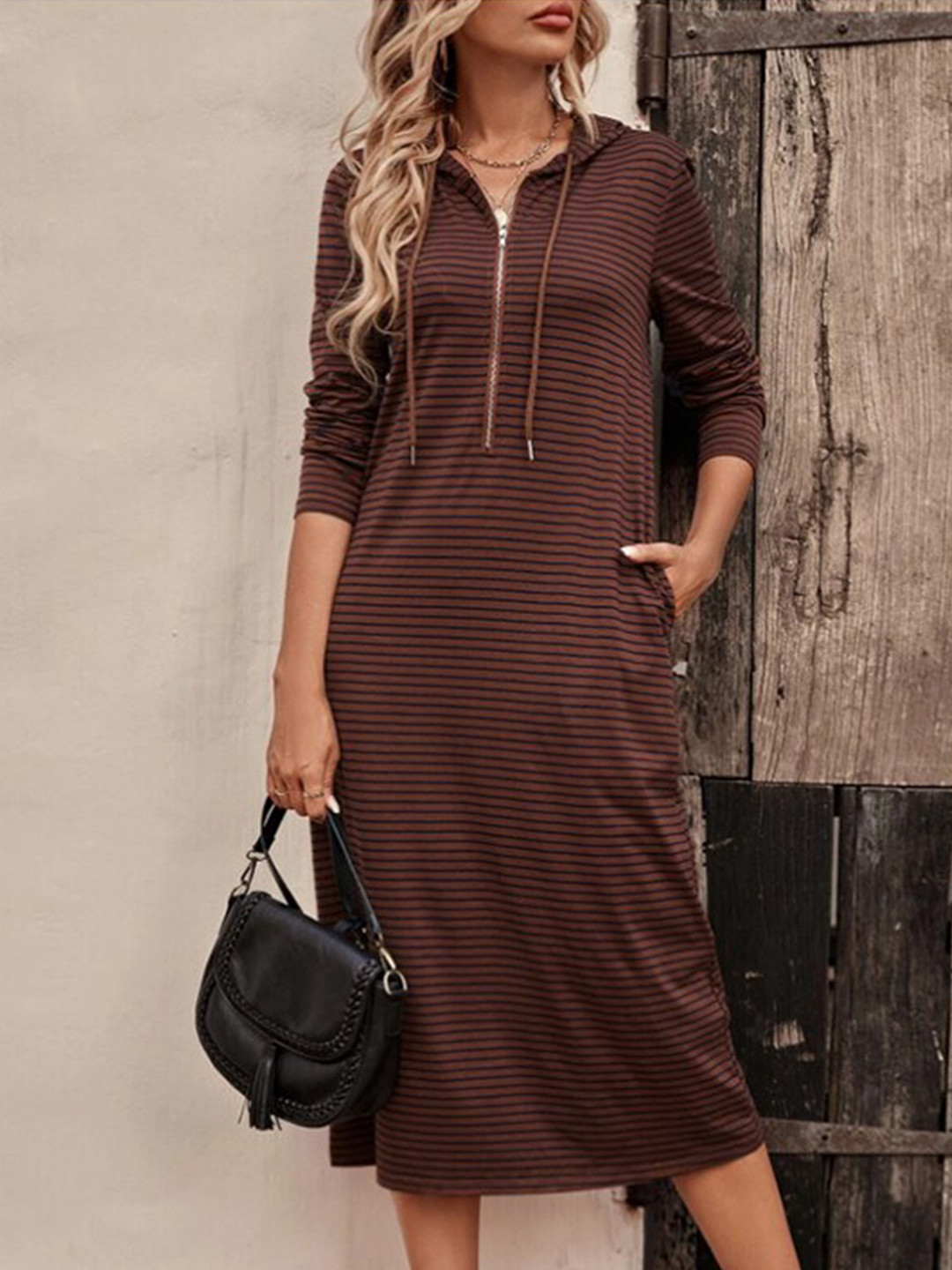 StyleCast Coffee Brown Striped Hooded T-Shirt Dress