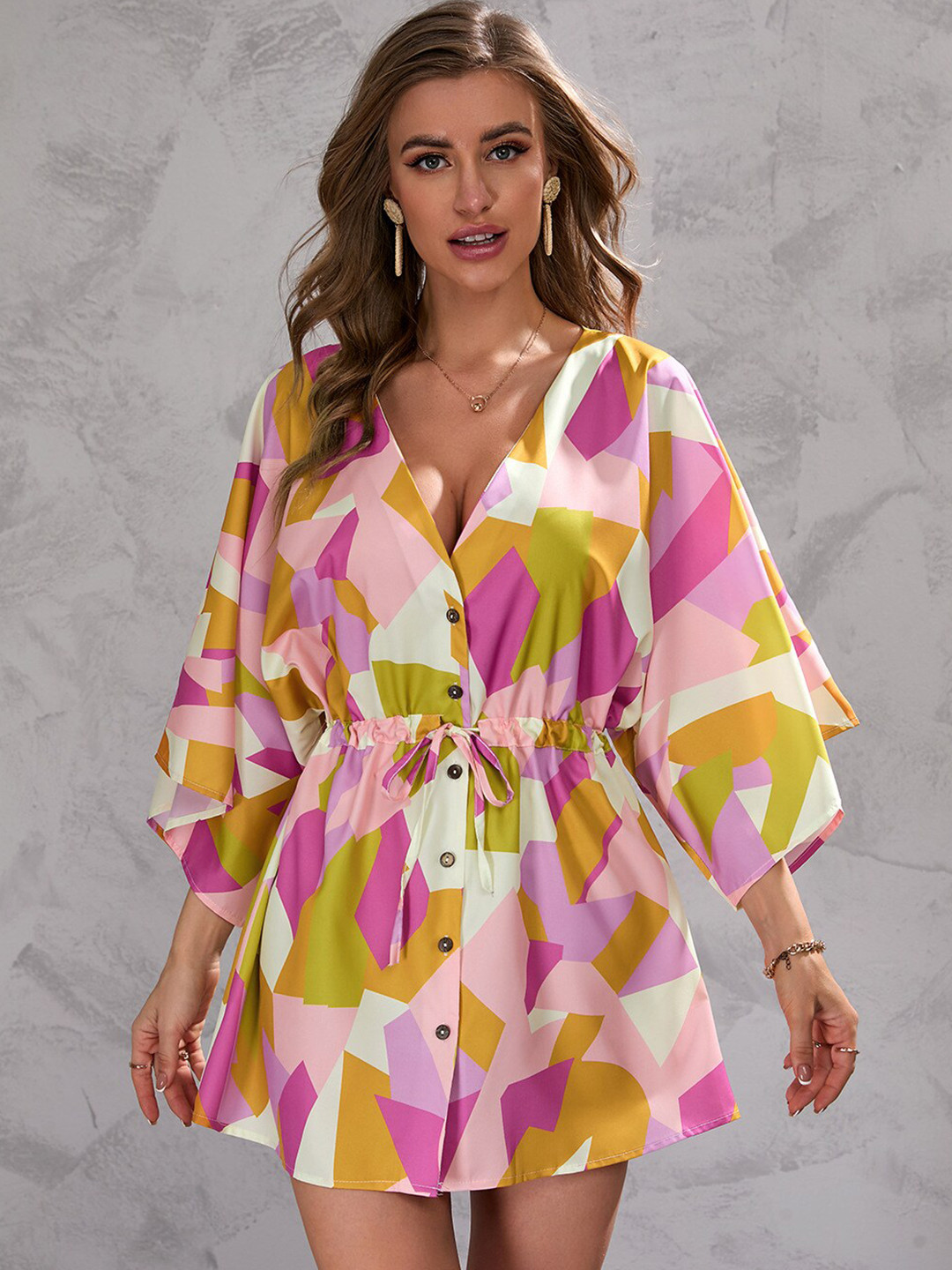 StyleCast Pink Geometric Printed Flared Sleeves Tie-Ups Mini Fit & Flare Dress