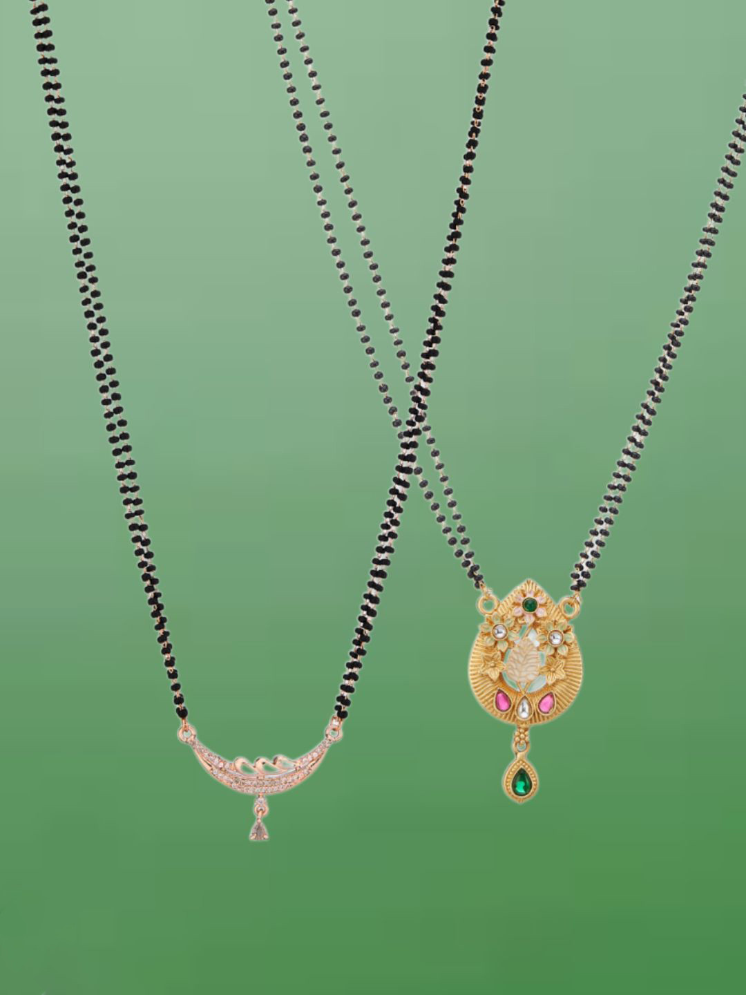 ATIBELLE 2 Pcs Rose Gold & Gold-Plated Cubic Zirconia Stone Studded & Beaded Mangalsutras