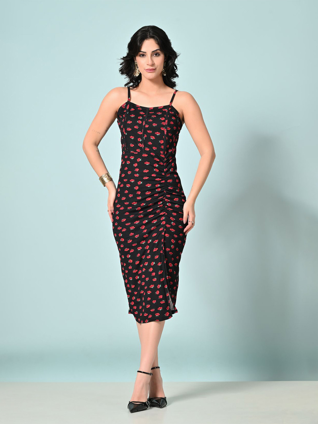 BAESD Women Floral Printed Shoulder Strep Bodycon Dress With Slits