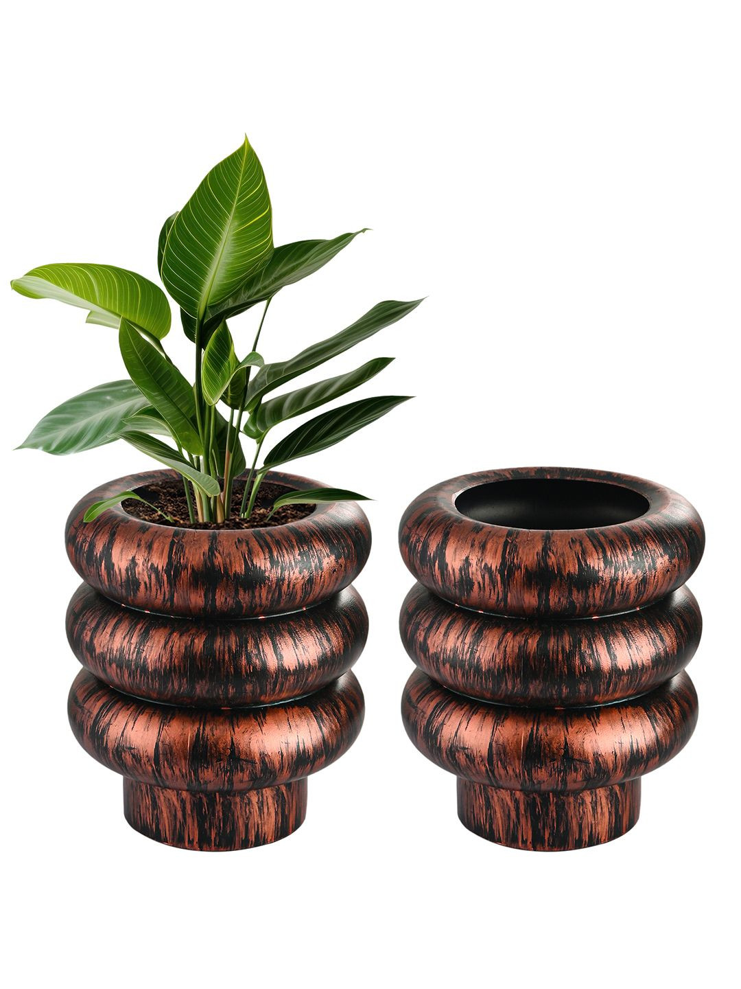 Kuber Industries 2-Pcs Black & Brown Rust Ring Textured Planters