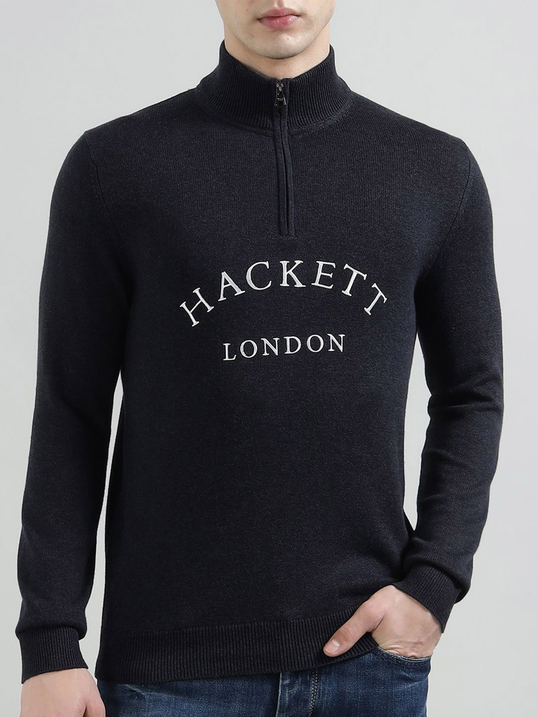 HACKETT LONDON Men Logo Printed Mock Collar Pullover Sweater