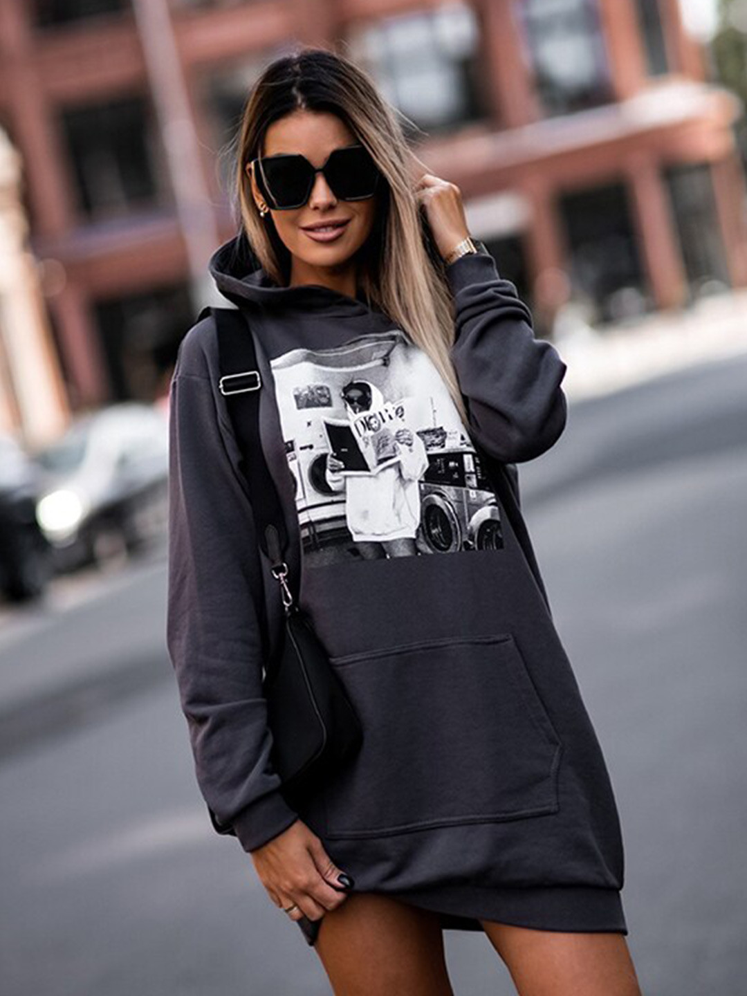 StyleCast Grey Graphic Printed Hooded T-shirt Dress